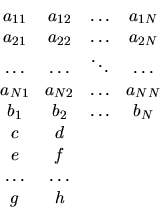 \begin{displaymath}\begin{array}{cccc}
a_{11} & a_{12} & \dots & a_{1N} \\
a_{2...
...& \\
e & f & & \\
\dots & \dots & & \\
g & h & &
\end{array}\end{displaymath}